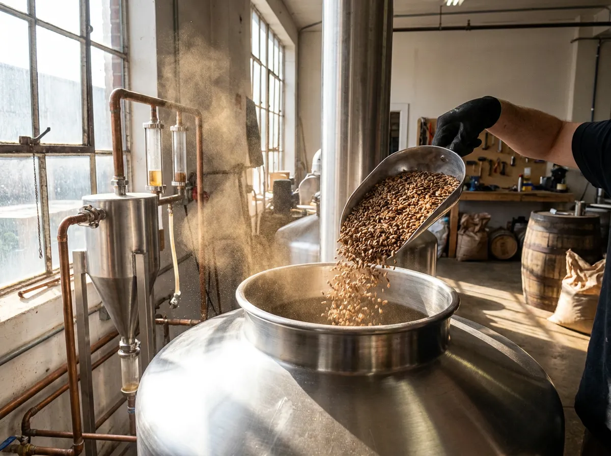 Coarse-cracked anise seed being loaded into a stainless still